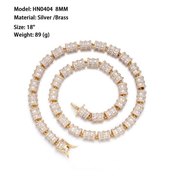 New Mondel Hip Hop 7mm Ice Out Zircon Twist Round Cylinder 10k Yellow Gold Plated 925 Sterling Silver Tennis Necklace