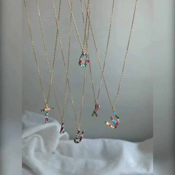 Trendy Gold Plated Personalized Letter Pendant Necklace with Crystal Rhinestone Charms for Women