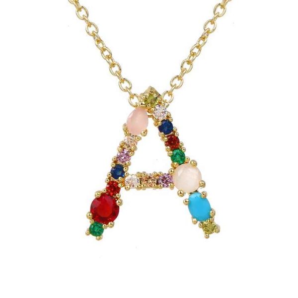 New Fashion Gold Rainbow Crystal 26 Letter Pendant Necklace Initial Diamond Name Letter Charm Necklaces for Women
