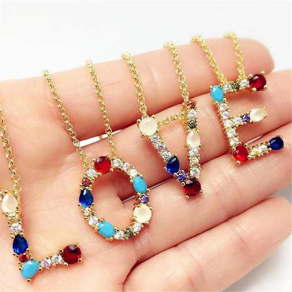 New Fashion Gold Rainbow Crystal 26 Letter Pendant Necklace Initial Diamond Name Letter Charm Necklaces for Women
