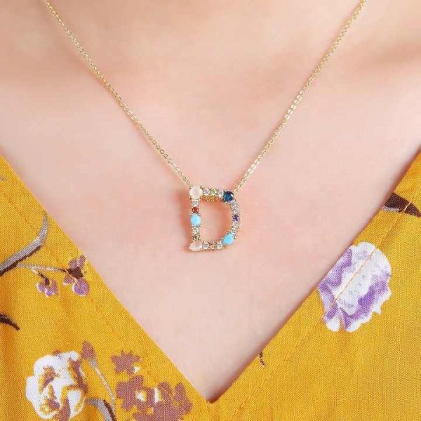 New Fashion Gold Rainbow Crystal 26 Letter Pendant Necklace Initial Diamond Name Letter Charm Necklaces for Women
