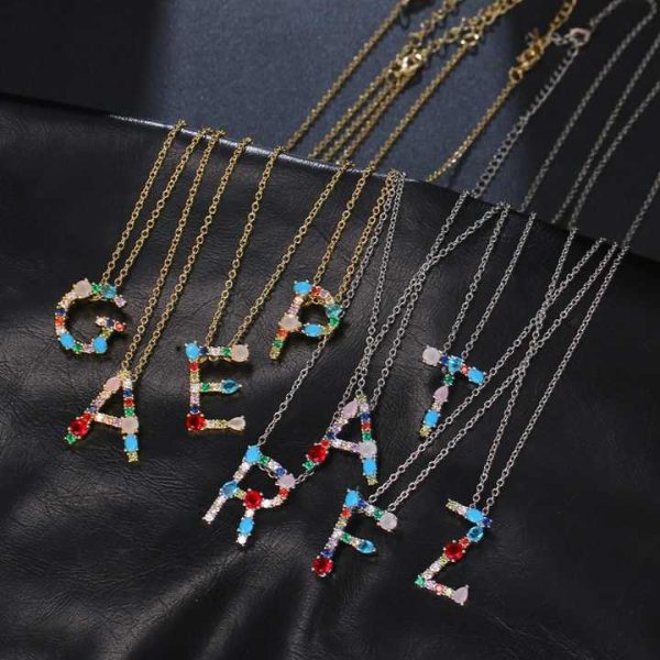 New Fashion Gold Rainbow Crystal 26 Letter Pendant Necklace Initial Diamond Name Letter Charm Necklaces for Women