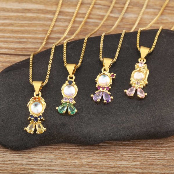 Girl Boy 4 Colors Inlay Crystal Pendant Necklace Women Chain Link Choker Copper Cubic Zirconia Charm Jewelry Accessory Gift