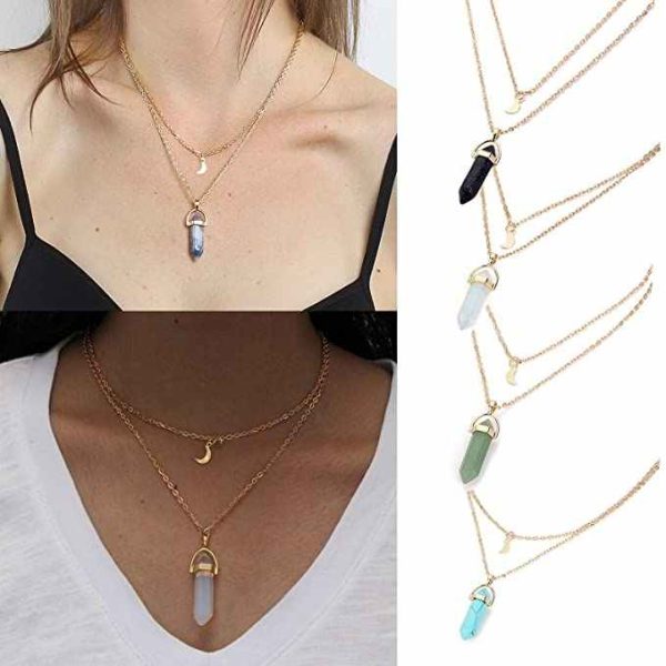 2025 Golden Crescent Shape Necklace Double Chain Necklace Crystal Bullet Necklace for Women
