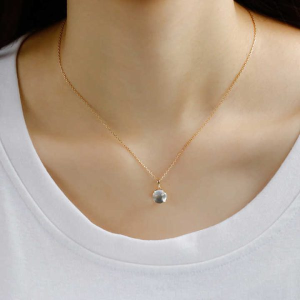 925 Sterling Silver 14K Gold Plated Gemstone Geometric Round Streaks White Crystal Pendant Necklace