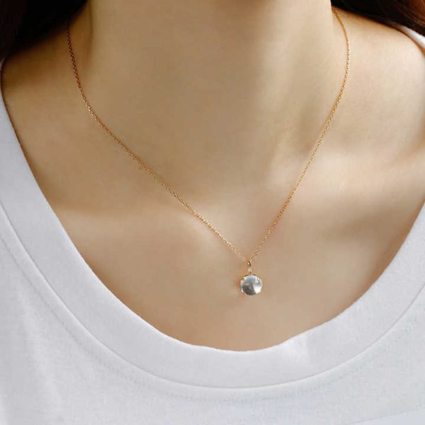 925 Sterling Silver 14K Gold Plated Gemstone Geometric Round Streaks White Crystal Pendant Necklace