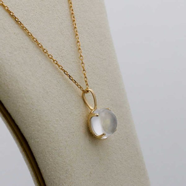925 Sterling Silver 14K Gold Plated Gemstone Geometric Round Streaks White Crystal Pendant Necklace