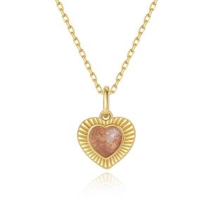 Texture Coin Gemstone Ewlery 18k Gold Vermeil 925 Sterling Silver Heart Shape pink Crystal Pendant Necklace for Women