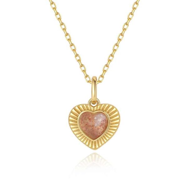 Texture Coin Gemstone Ewlery 18k Gold Vermeil 925 Sterling Silver Heart Shape pink Crystal Pendant Necklace for Women