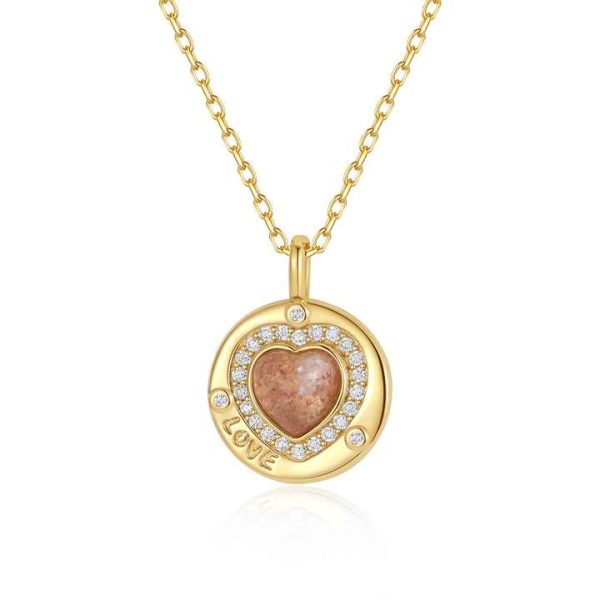 Texture Coin Gemstone Ewlery 18k Gold Vermeil 925 Sterling Silver Heart Shape pink Crystal Pendant Necklace for Women