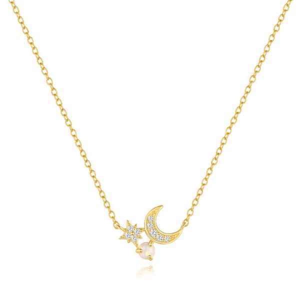 925 Sterling Silver Necklace Six-pointed Star Moon Opal Inlaid Zircon Retro Creative Style Factory Wholesale