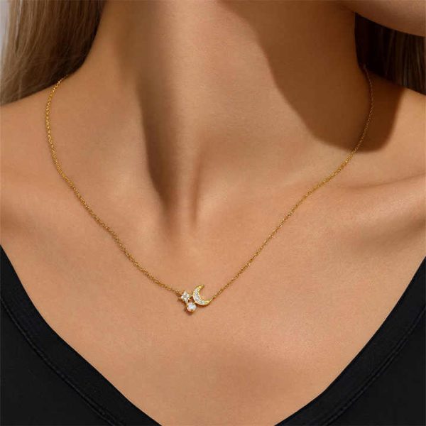 925 Sterling Silver Necklace Six-pointed Star Moon Opal Inlaid Zircon Retro Creative Style Factory Wholesale