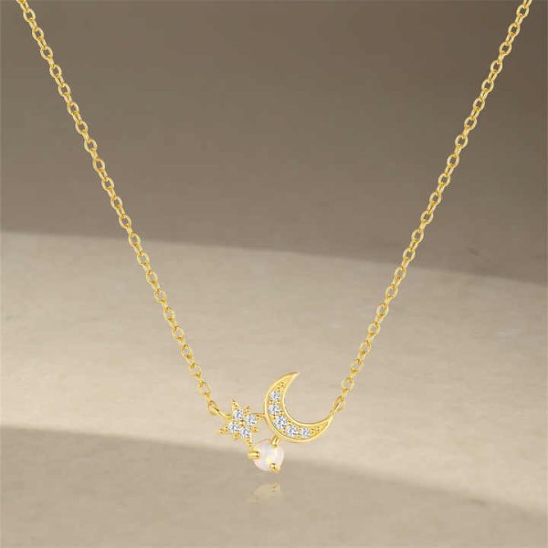 925 Sterling Silver Necklace Six-pointed Star Moon Opal Inlaid Zircon Retro Creative Style Factory Wholesale