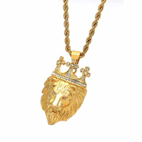 Hip Hop Jewelry Stainless Steel Gold Rhinestone Crystal Crown lion Head Pendant Diamond Crown lion king Pendant Necklace