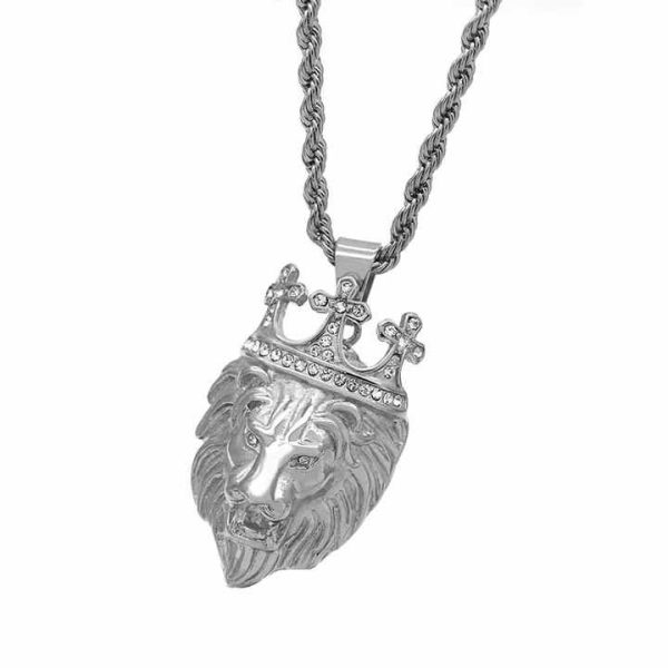 Hip Hop Jewelry Stainless Steel Gold Rhinestone Crystal Crown lion Head Pendant Diamond Crown lion king Pendant Necklace