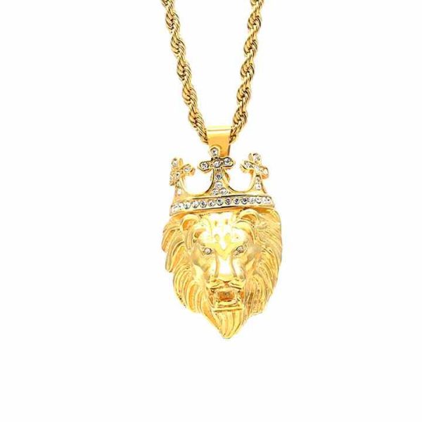 Hip Hop Jewelry Stainless Steel Gold Rhinestone Crystal Crown lion Head Pendant Diamond Crown lion king Pendant Necklace
