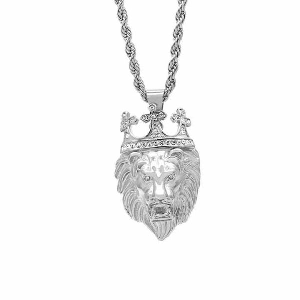 Hip Hop Jewelry Stainless Steel Gold Rhinestone Crystal Crown lion Head Pendant Diamond Crown lion king Pendant Necklace