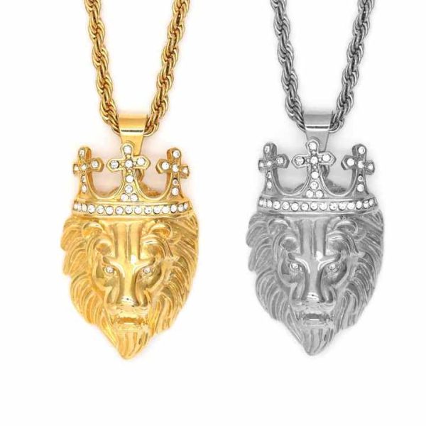 Hip Hop Jewelry Stainless Steel Gold Rhinestone Crystal Crown lion Head Pendant Diamond Crown lion king Pendant Necklace
