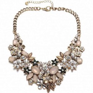 With Crystal Flower Cluster for Women Weddings Prom Antique Gold Bib Statement Necklace