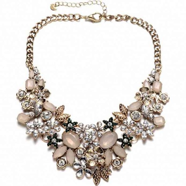 With Crystal Flower Cluster for Women Weddings Prom Antique Gold Bib Statement Necklace