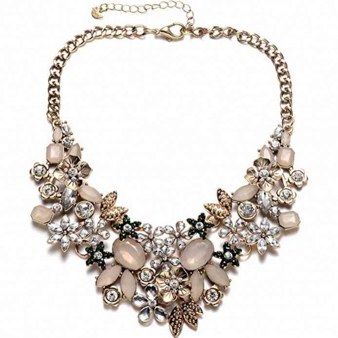 With Crystal Flower Cluster for Women Weddings Prom Antique Gold Bib Statement Necklace