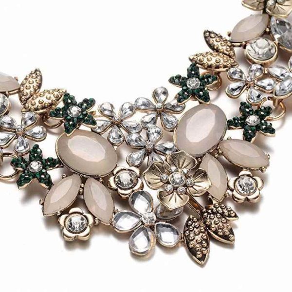 With Crystal Flower Cluster for Women Weddings Prom Antique Gold Bib Statement Necklace