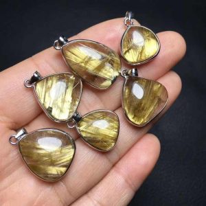 Natural Rutile Crystal 925 Sterling Silver Setting Inlaid Gold Rutilated Quartz Pendant Necklace