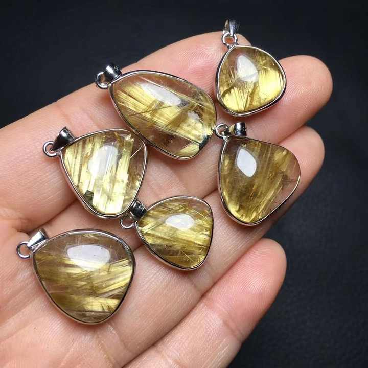 Natural Rutile Crystal 925 Sterling Silver Setting Inlaid Gold Rutilated Quartz Pendant Necklace