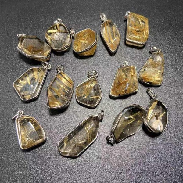Natural Rutile Crystal 925 Sterling Silver Setting Inlaid Gold Rutilated Quartz Pendant Necklace