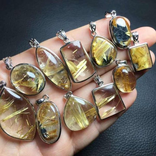 Natural Rutile Crystal 925 Sterling Silver Setting Inlaid Gold Rutilated Quartz Pendant Necklace