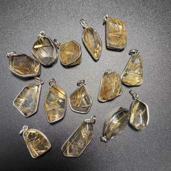 Natural Rutile Crystal 925 Sterling Silver Setting Inlaid Gold Rutilated Quartz Pendant Necklace