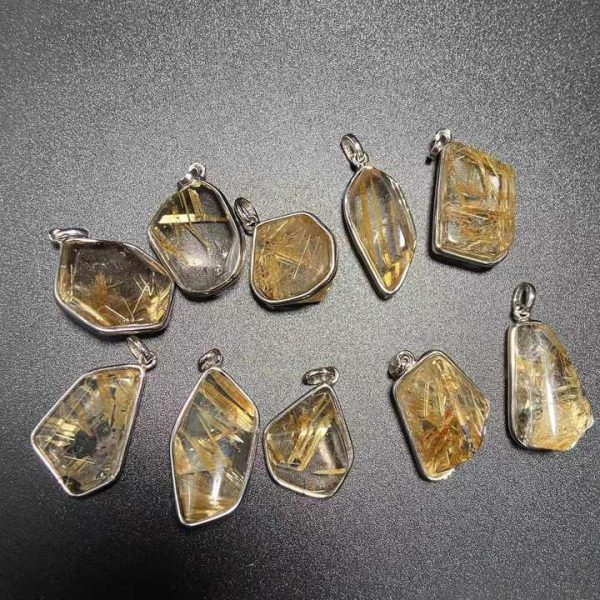 Natural Rutile Crystal 925 Sterling Silver Setting Inlaid Gold Rutilated Quartz Pendant Necklace