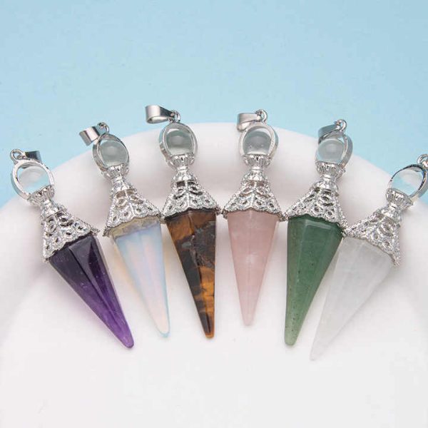Natural Stone Crystal Conical Pendants Necklace DIY Jewelry Crystal Hexagon Column Spirit Pendant for Women and Men