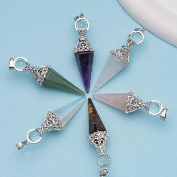 Natural Stone Crystal Conical Pendants Necklace DIY Jewelry Crystal Hexagon Column Spirit Pendant for Women and Men