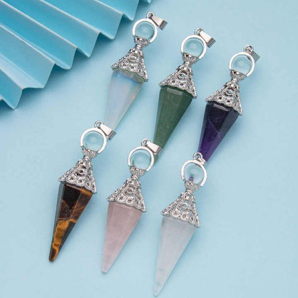Natural Stone Crystal Conical Pendants Necklace DIY Jewelry Crystal Hexagon Column Spirit Pendant for Women and Men