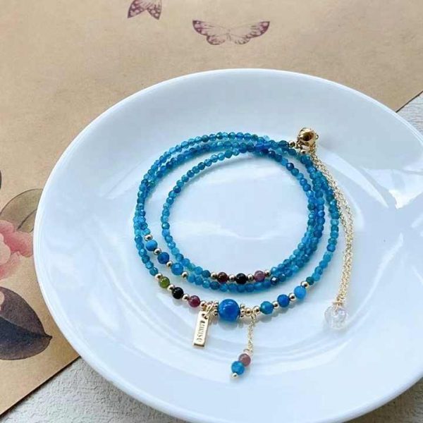 14k Gold Filled Hand Made 3mm Blue Apatite Faced Bracelet Natural Crystal Gemstone Fine Jewelry