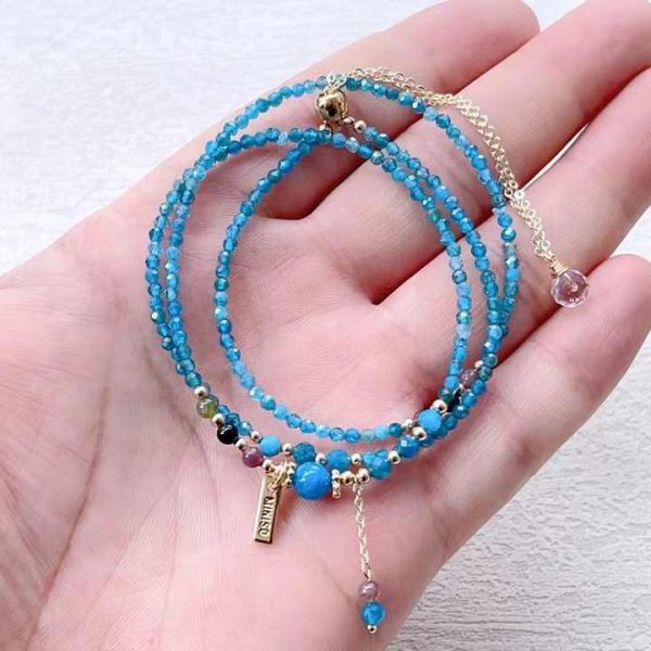 14k Gold Filled Hand Made 3mm Blue Apatite Faced Bracelet Natural Crystal Gemstone Fine Jewelry