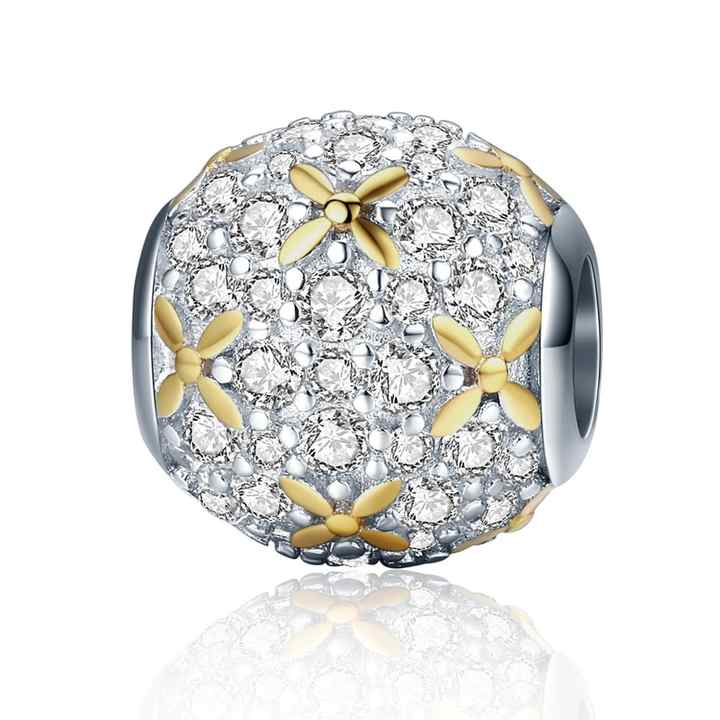 Shining Golden Flower Clear Crystal Beads Charms 925 Silver