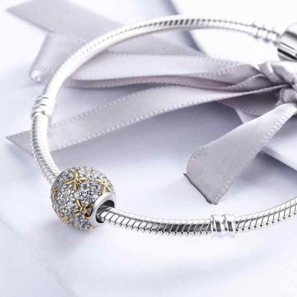 Shining Golden Flower Clear Crystal Beads Charms 925 Silver