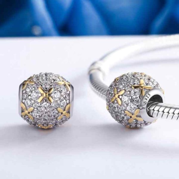 Shining Golden Flower Clear Crystal Beads Charms 925 Silver