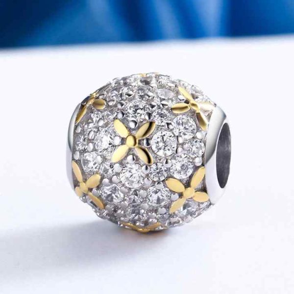 Shining Golden Flower Clear Crystal Beads Charms 925 Silver