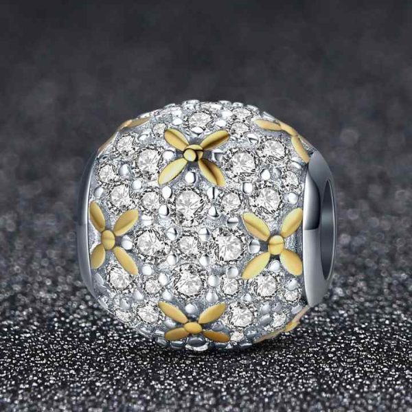 Shining Golden Flower Clear Crystal Beads Charms 925 Silver