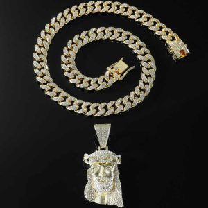Hip Hop Jesus Pendant Cuban Chain Necklace for Men - Shining Alloy Crystal Face Charm Jewelry