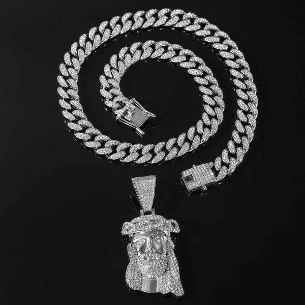 Hip Hop Jesus Pendant With Necklace Men Cuban Chain Full Shining Crystal Jesus Head Face Charm Cuban Necklace for Men Jewelry