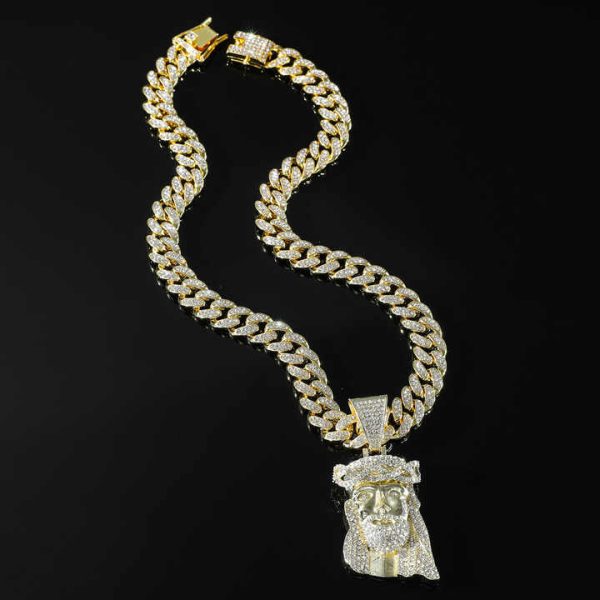 Hip Hop Jesus Pendant With Necklace Men Cuban Chain Full Shining Crystal Jesus Head Face Charm Cuban Necklace for Men Jewelry