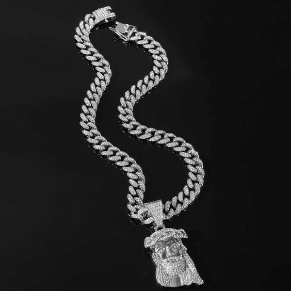 Hip Hop Jesus Pendant With Necklace Men Cuban Chain Full Shining Crystal Jesus Head Face Charm Cuban Necklace for Men Jewelry