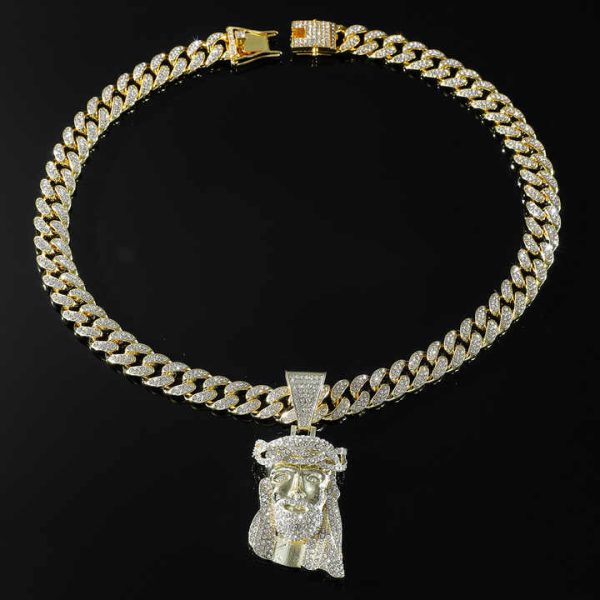 Hip Hop Jesus Pendant With Necklace Men Cuban Chain Full Shining Crystal Jesus Head Face Charm Cuban Necklace for Men Jewelry