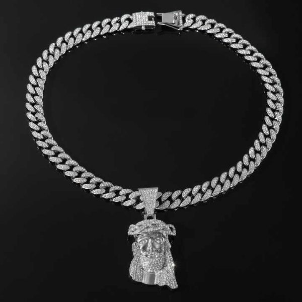 Hip Hop Jesus Pendant With Necklace Men Cuban Chain Full Shining Crystal Jesus Head Face Charm Cuban Necklace for Men Jewelry