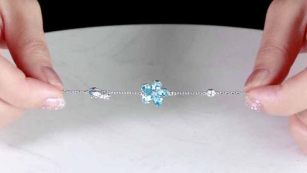 925 Sterling Silver Flower Design Bracelet with Blue Crystal | Personalized Romantic Chain Link Jewelry for Women, Gift for Anniversary Wedding Party