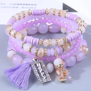 Bohemia Jewelry 4Pcs/Set Tassel Square Shape Happy Charm Bracelet Handmade Multi Layer Colorful Beads Crystal Bracelet for Women